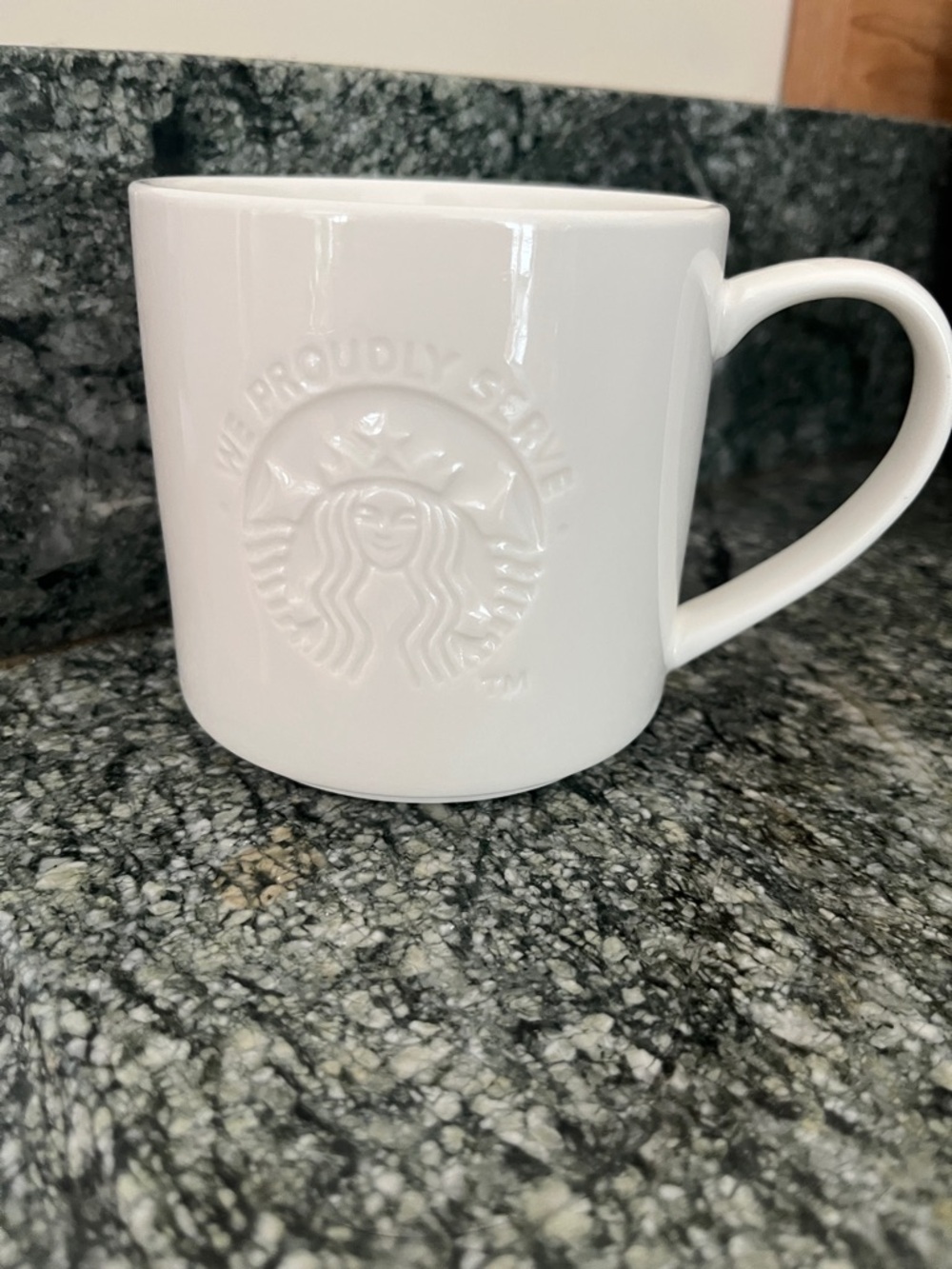Starbucks White Embossed Siren Ceramic Mug We Proudly Serve